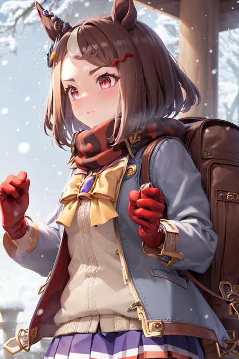 anime girl with a backpack and a backpack in the snow