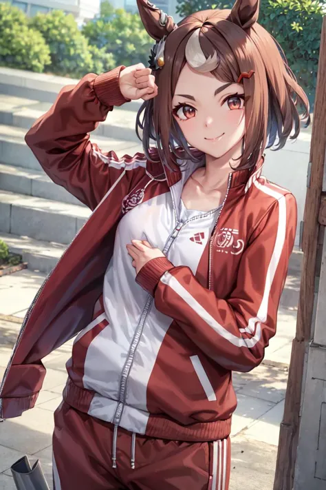 anime girl in red and white tracksuit with horns on head