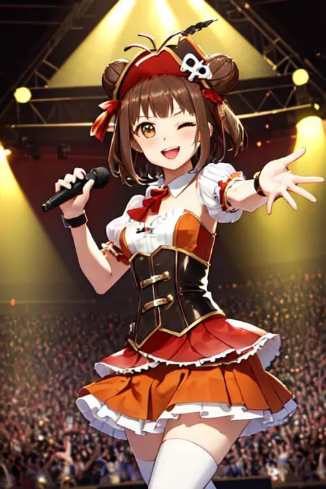 masterpiece, best quality, highres, naka_kantaicollection, double_bun, hair_bun, brown_hair, short_hair, antenna_hair, brown_eyes, smile, open_mouth, one_eye_closed, orange idol clothes, jyojifuku, hat, boots, corset, belt, hair ornament, standing, cowboy shot, singing, outdoor, pirate beach, holding microphone, reaching out,