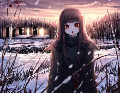 (art by neku oneneko:1.2), 1girl, looking at viewer, cowboy shot, at a snowy field, absurdres, best quality, high quality, highr...