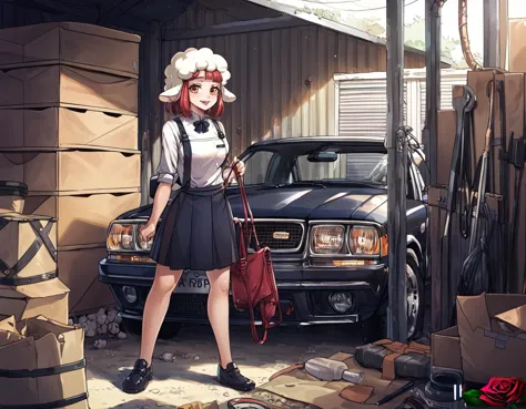 (art by kitsuko mura:1.2), 1girl, looking at viewer, cowboy shot, at a garage, absurdres, best quality, high quality, highres, patreon username, artist name, sheep girl