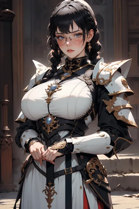 <lora:ArmorFusion:0.6> armor,1girl, cute,(huge breasts:1.2), blush,glasses,twin braids, sweat,cowboy shot,, (masterpiece, best q...