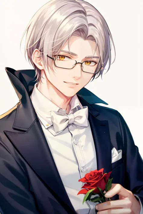 masterpiece, best quality,  <lora:moyi:1>,moyi,rose, solo, holding, flower, 1boy, red rose, red flower, white hair, yellow eyes, white shirt, smile, male focus, looking at viewer, shirt, jacket, bangs, holding flower, bowtie, short hair, glasses, closed mo...