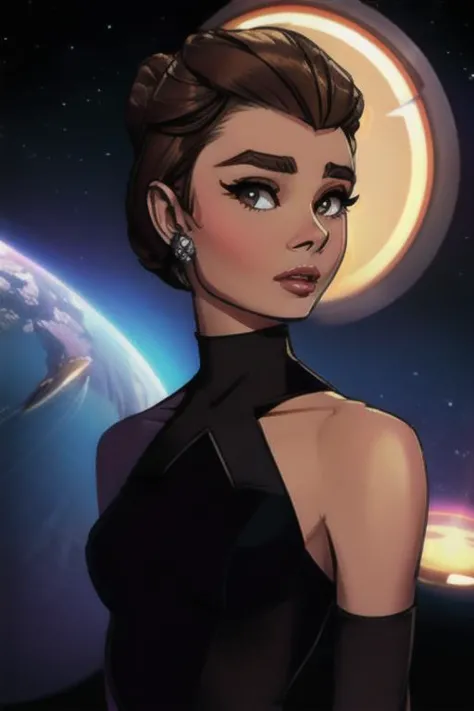 a woman in a black dress standing in front of a planet