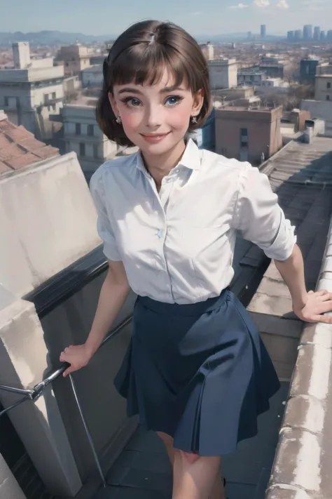 (masterpiece, top quality, best quality, beautiful and aesthetic:1.2), 1girl, solo,  extremely detailed, highest detailed, brown hair,white shirt, blue skirt, blue sky, roma city, roman holiday,shiny skin, 
looking at viewer,Audrey Hepburn, , walking, hepburn hairstyle,  <lora:add_detail:0.3> <lora:666:0.6> standing rooftop, from above, smile,