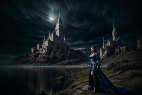 a woman in a blue dress standing in front of a castle