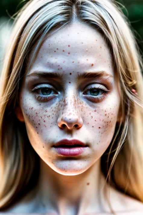 a close up of a woman with freckles on her face