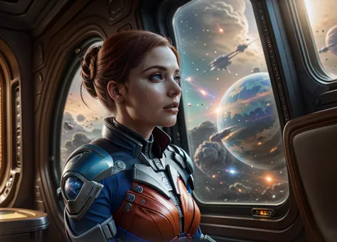 a woman sitting on a chair in front of a large window with a view of a fiery red and blue star, Eve Ryder, mass effect, concept ...