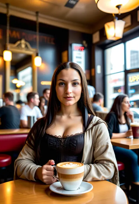 The Mona Lisa drinking a latte in an uppity coffee shop