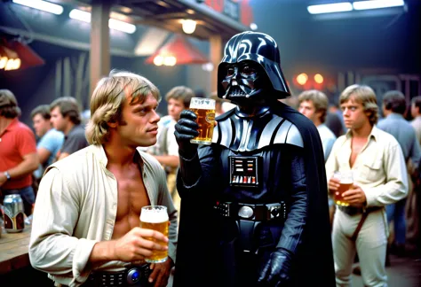 A candid 1980s style photo of darth vader and luke skywalker hanging out off set, chatting while drinking cold beers
