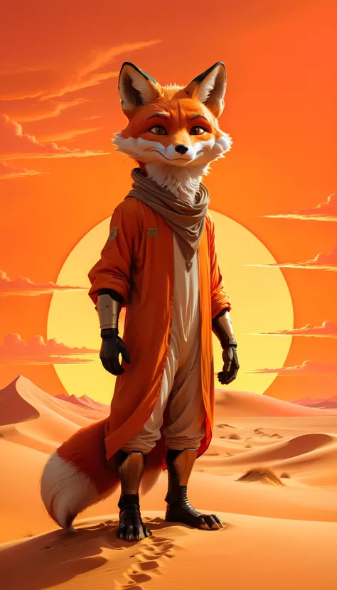 illustration de dessin animé d'un personnage de renard anthropomorphe dans le style de Moebius, debout héroïquement sur une dune de sable sous un ciel orange incandescent, inspiré par l'esthétique science-fiction de Dune