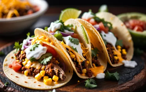  An extreme macro close up detailed magazine quality food photograph of authentic street tacos, showing the intricate detail of ...