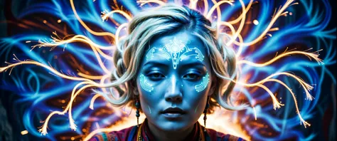 fashion photography, portrait, color photo of a Tibetan woman using mental telepathy, surrounded by sparks, cosmic radiation, psychedelic patterns in the background, iridescent blues, blue skin, 1920s hairstyle, blonde