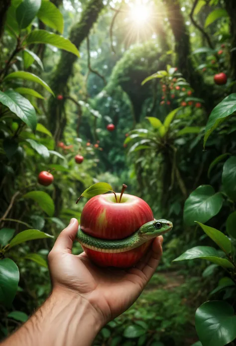 Eine extrem Nahaufnahme aus der Ich-Perspektive, die einen roten Apfel in der Handfläche hält, mit einer grünen Schlange, die den Apfel betrachtet,  in einem üppigen und wunderschönen Dschungelgarten Eden, der vollständig mit Blattpflanzen gefüllt ist, Bäume, und blühende Büsche, Flacher Fokus, zentrierte Komposition