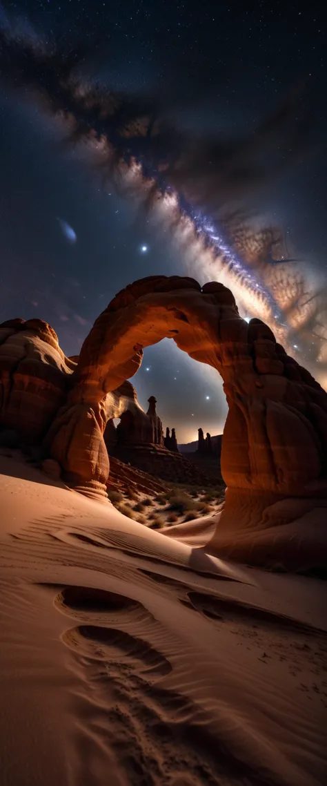 A desert landscape at night, sandstone arches, milky way in the sky, astrophotography, dark contrasty, matte finish