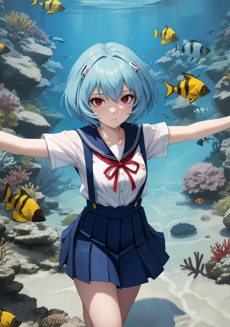 anime girl in sailor outfit standing in front of a coral reef