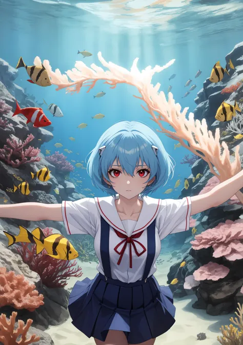 a woman in a sailor outfit standing in front of a coral reef