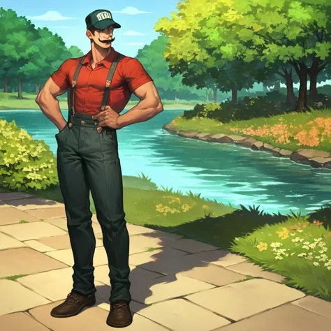 score_9, score_8_up, score_7_up,rating_safe,source_anime,full body,henchmann,moustache,cap,shirt,suspenders,smug,outdoors,park,l...