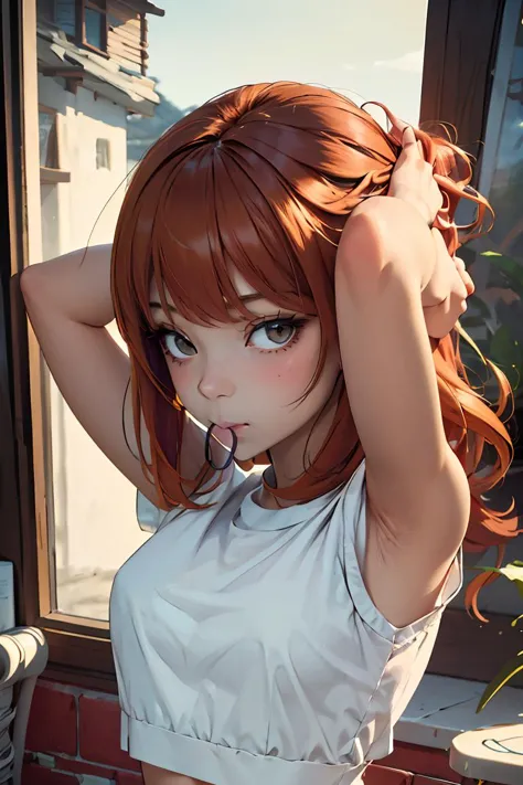 (masterpiece, best quality), 1girl, beautiful face,    <lora:hair tie in mouth:1> hair tie in mouth, red hair, arms behind head