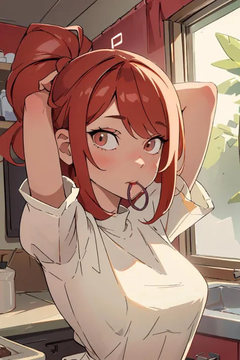 (masterpiece, best quality), 1girl, beautiful face,    <lora:hair tie in mouth:1> hair tie in mouth, red hair, arms behind head