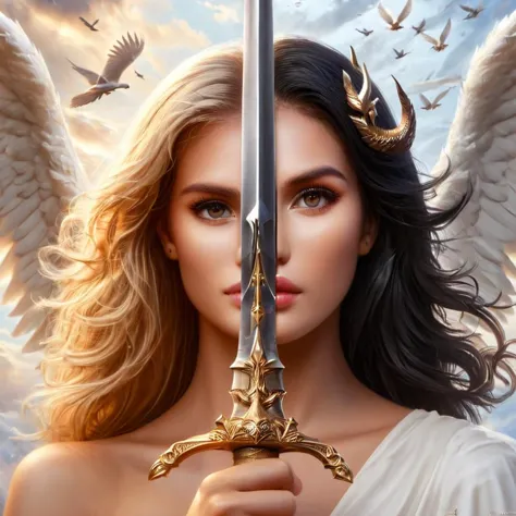 a detailed 8k photo,
A woman is holding a golden sword in front of her face,
the half of the face is a blonde angel in the sky with a white wing and white doves in the air,
on the other half its the woman of the devil with ((black hair)) and a ((black wing)) and black birds in the air,
TwoFace Blade
<lora:V4:0.92>