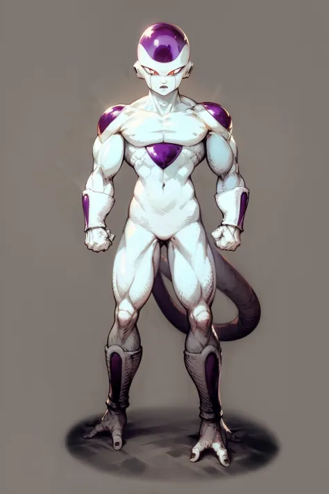 masterpiece, best quality, 1boy, frieza, clenched hands, full body, looking at viewer, male focus, red eyes, solo, tail, solid grey background  <lora:WOTV:1>  <lora:Frieza:1>