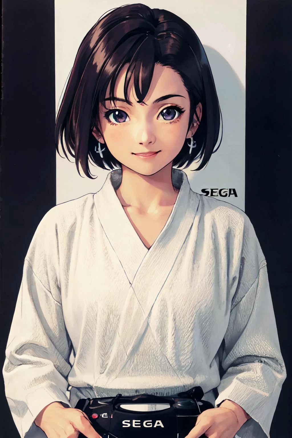 segata, (sega saturn:1.3),
(best quality, masterpiece, RAW photo,ultra-detailed:1.2), solo,looking at viewer,smile,1girl,short hair,