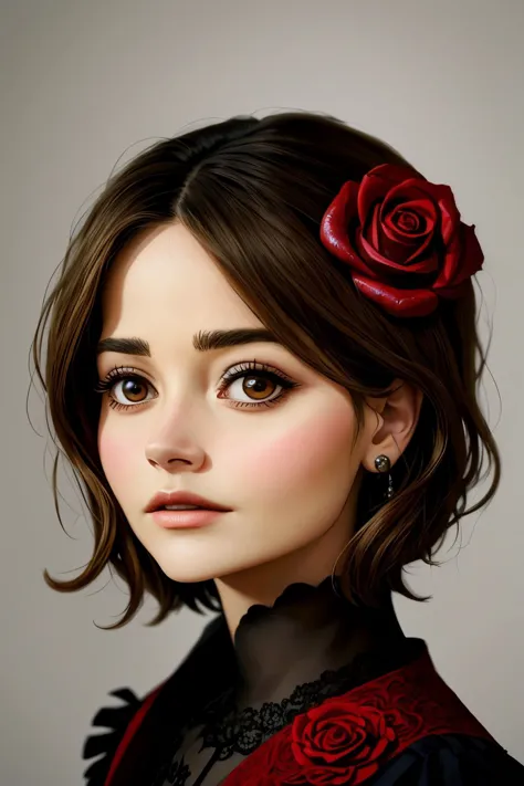 shadow art style portrait of realistic photo of <lora:sd15_JennaColeman_locon_64_v1-000023:1> JennaColeman, face, eyes, rose symbols