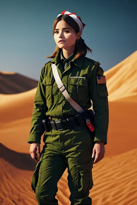 <lora:sd15_JennaColeman_locon_64_v1.0:1> JennaColeman, portrait, solo, half shot, looking at viewer, detailed background, detailed face, (arid desert middle-eastern theme:1.1), battlefield-medic, fatigued, red military medic uniform, headband, green cross, flag, medical bag, toruniquet, morphine, medical aid, blood stains, dynamic movement, war torn battlefield trench in background, floating particles, embers, intense action, dark night, epic atmosphere,