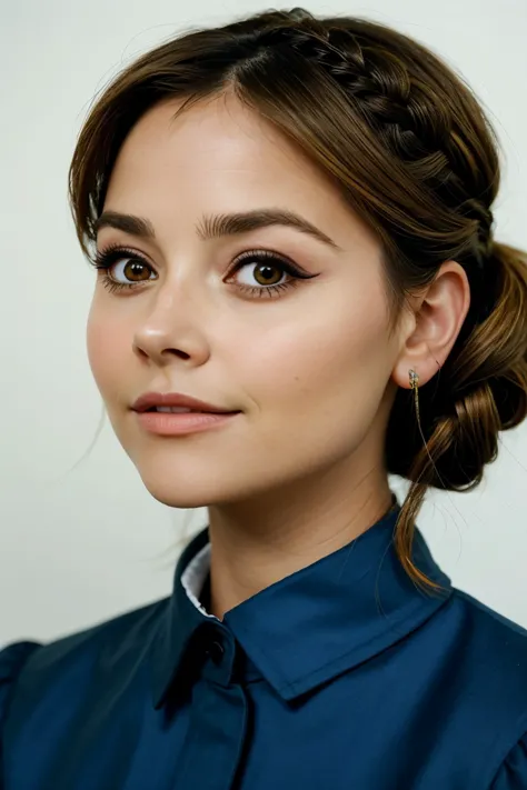 a close up of a woman with a blue shirt and a braid bun