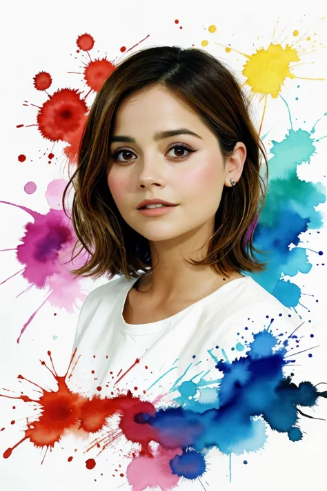 a woman with a white shirt and colorful paint splats on her face