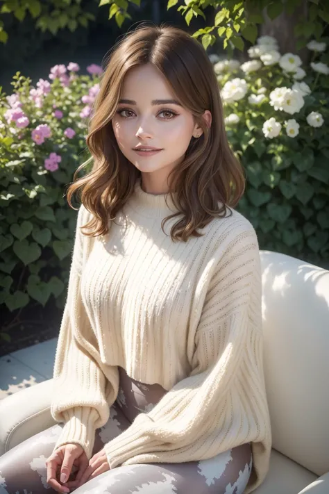 a woman sitting on a couch in a white sweater and patterned pants