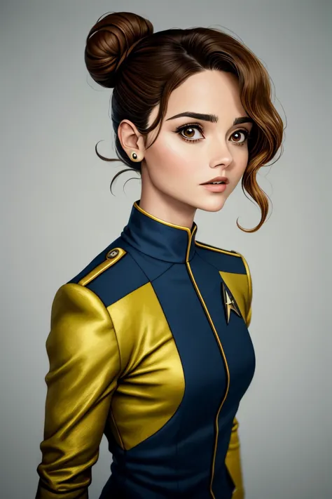 upper-body of realistic photo of <lora:sd15_JennaColeman_locon_64_v1-000023:1> JennaColeman, focus on face, wearing a star trek uniform , her hair is styled as Curly Side Bun,