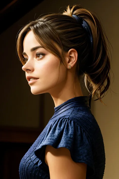 a close up of a woman with a ponytail in a blue dress