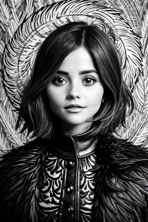 (scratchboard style, monochrome, texture, highly detailed, engraving:1.15), close range of <lora:sd15_JennaColeman_locon_64_v1-000023:1> JennaColeman, focus on smiling face, wearing a feather jacket , her Amber color hair is styled as messy shag,