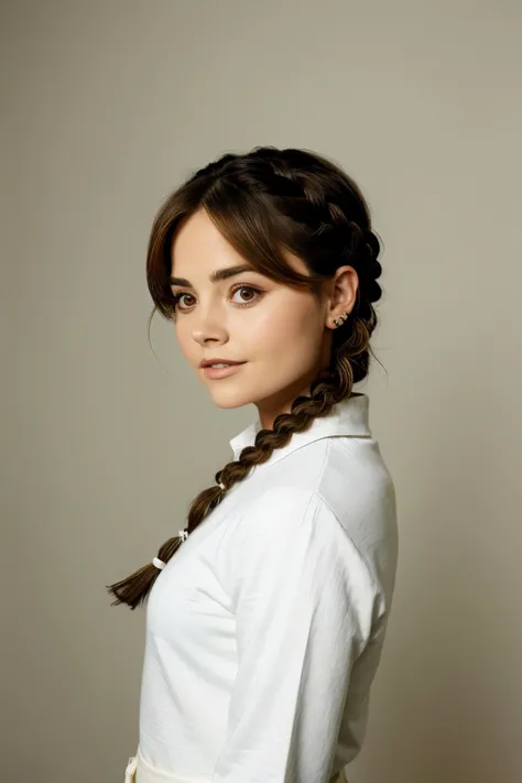 a woman with a braid in her hair and a white shirt