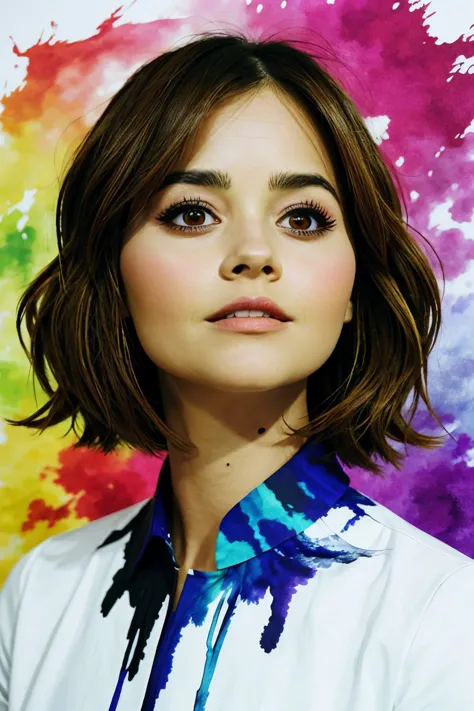 a close up of a woman with a colorful tie and a shirt