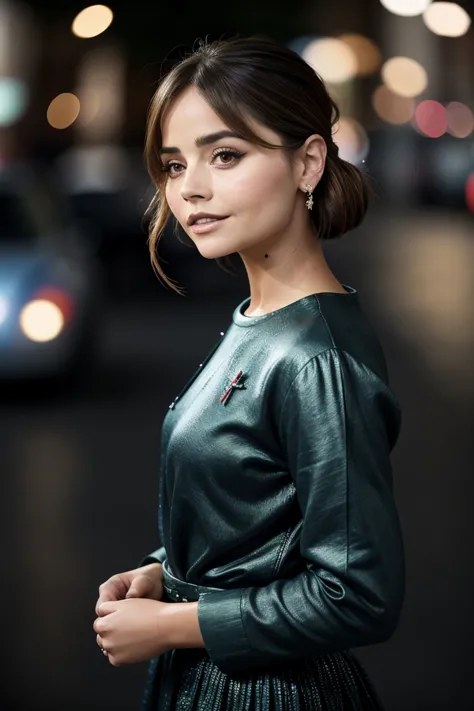 a woman in a green dress standing on a city street