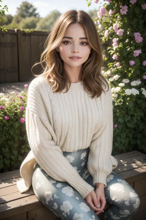 (RAW 8k photo) of JennaColeman, <lyco:sd15_JennaColeman_locon_64_v1.0:1>, ((best quality)), ((masterpiece)), (realistic, photo-realistic:1.37), DSLR photo, DLSR, Real photo, cowboy shot, smile, looking at viewer, (wearing large sweater and leggings), (highly detailed skin:1.2), midday, natural lighting, long hair, beautiful woman sitting in the garden, perfect eyes, long eyelashes, enjoying a coffee