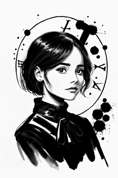 (silhouette style, black and white, contrast, simple:1.15), watercolor style portrait of <lora:sd15_JennaColeman_locon_64_v1-000023:1> JennaColeman, face, eyes, numerology symbols