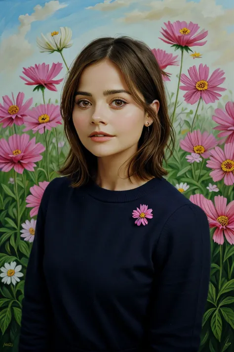 a close up of a woman standing in front of a painting of flowers