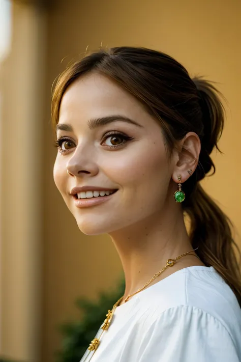 realistic photo of <lora:sd15_JennaColeman_locon_64_v1-000023:1> JennaColeman, focus on eyes, close up on face, huge smile, wearing jewelry, color bisque hair styled as teased ponytail, warm golden hour lighting