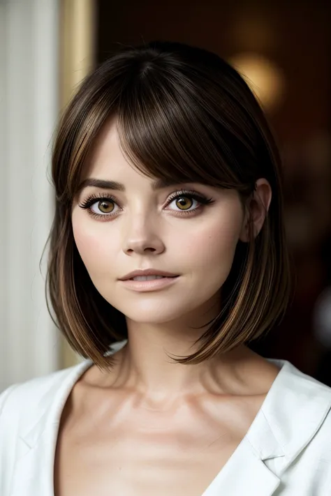 realistic photo of <lora:sd15_JennaColeman_locon_64_v1-000023:1> JennaColeman, focus on eyes, close up on face, hair styled as Straight Curved Bangs,