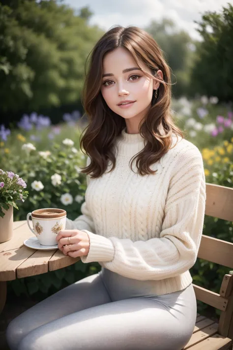 (RAW 8k photo) of JennaColeman, <lyco:sd15_JennaColeman_locon_64_v1.0:1>, ((best quality)), ((masterpiece)), (realistic, photo-realistic:1.37), DSLR photo, DLSR, Real photo, cowboy shot, smile, looking at viewer, (wearing large sweater and leggings), (highly detailed skin:1.2), midday, natural lighting, long hair, beautiful woman sitting in the garden, perfect eyes, long eyelashes, enjoying a coffee