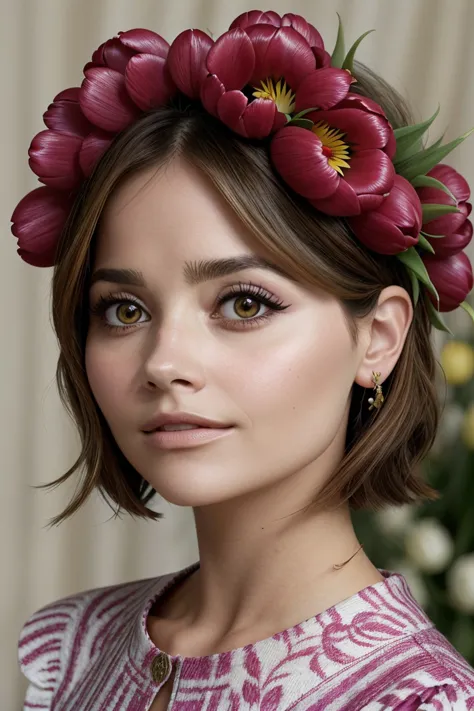 a woman with a flower crown on her head