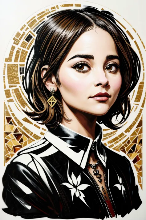 a painting of a woman with a black jacket and gold earrings