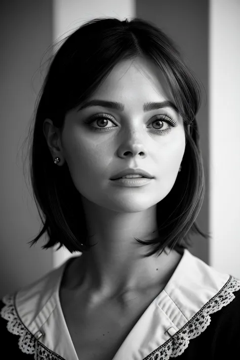 a close up of a woman with a short hair and a collared shirt