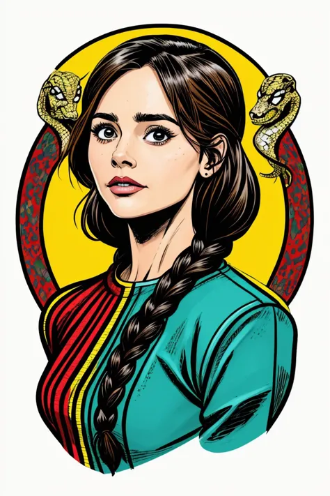 (comic, graphic illustration, comic art, graphic novel art, vibrant, highly detailed:1.15), (medium shot:1.4), <lora:sd15_JennaColeman_locon_64_v1-000023:1> JennaColeman, hair styled as snake braid