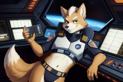 Ultra-high quality, ultra-sexy, seductive, Fox McCloud, space ship, leaning against control panel, solo, male, tight cropped uniform, navel, butt, furry, bwu
