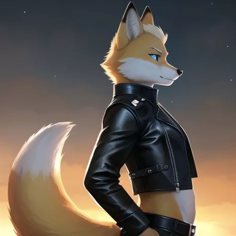 realistic, ubbp, fur, high quality, ultra contemplative setting, Fox McCloud in leather [male], solo, cropped black leather jack...